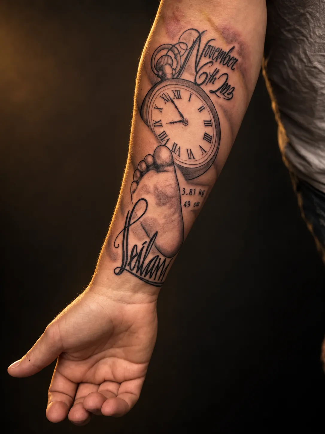 Clock and script tattoo on the foot