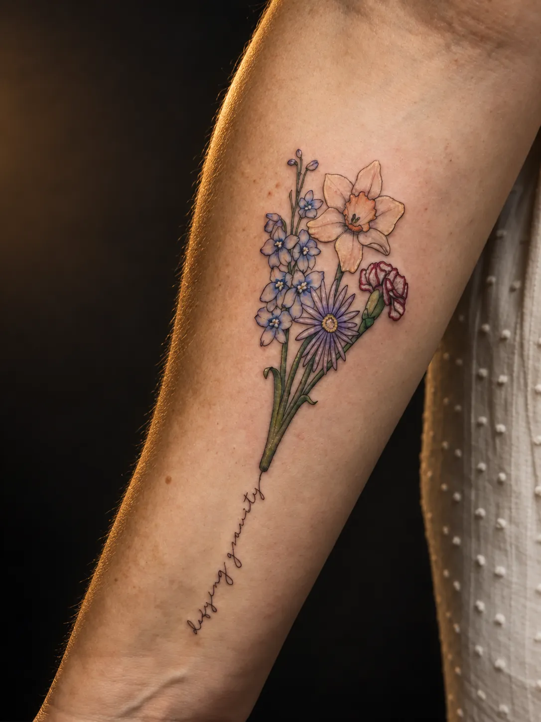 Colour flower tattoo with detailed leaves