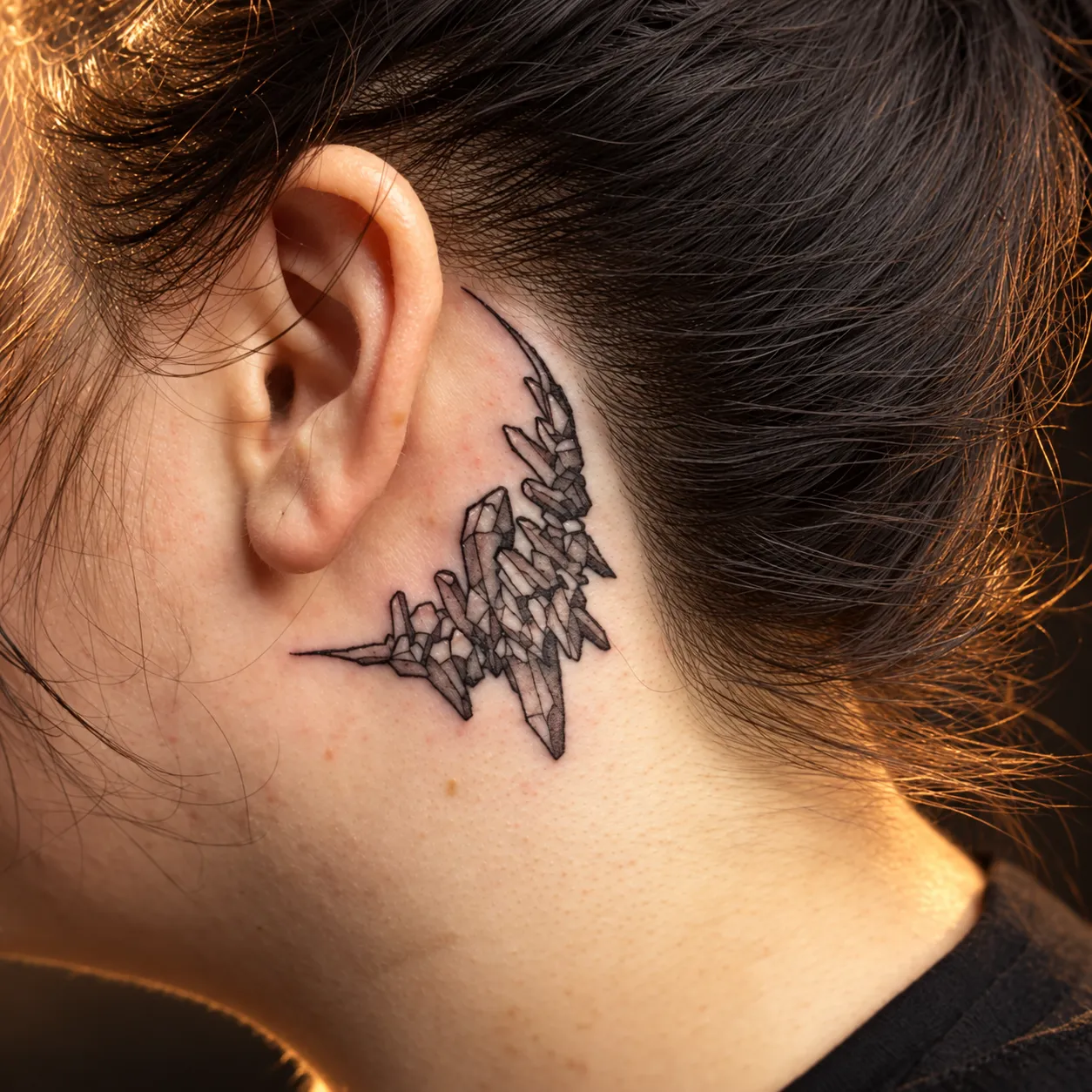 Fine-line crystal formation tattoo behind the ear