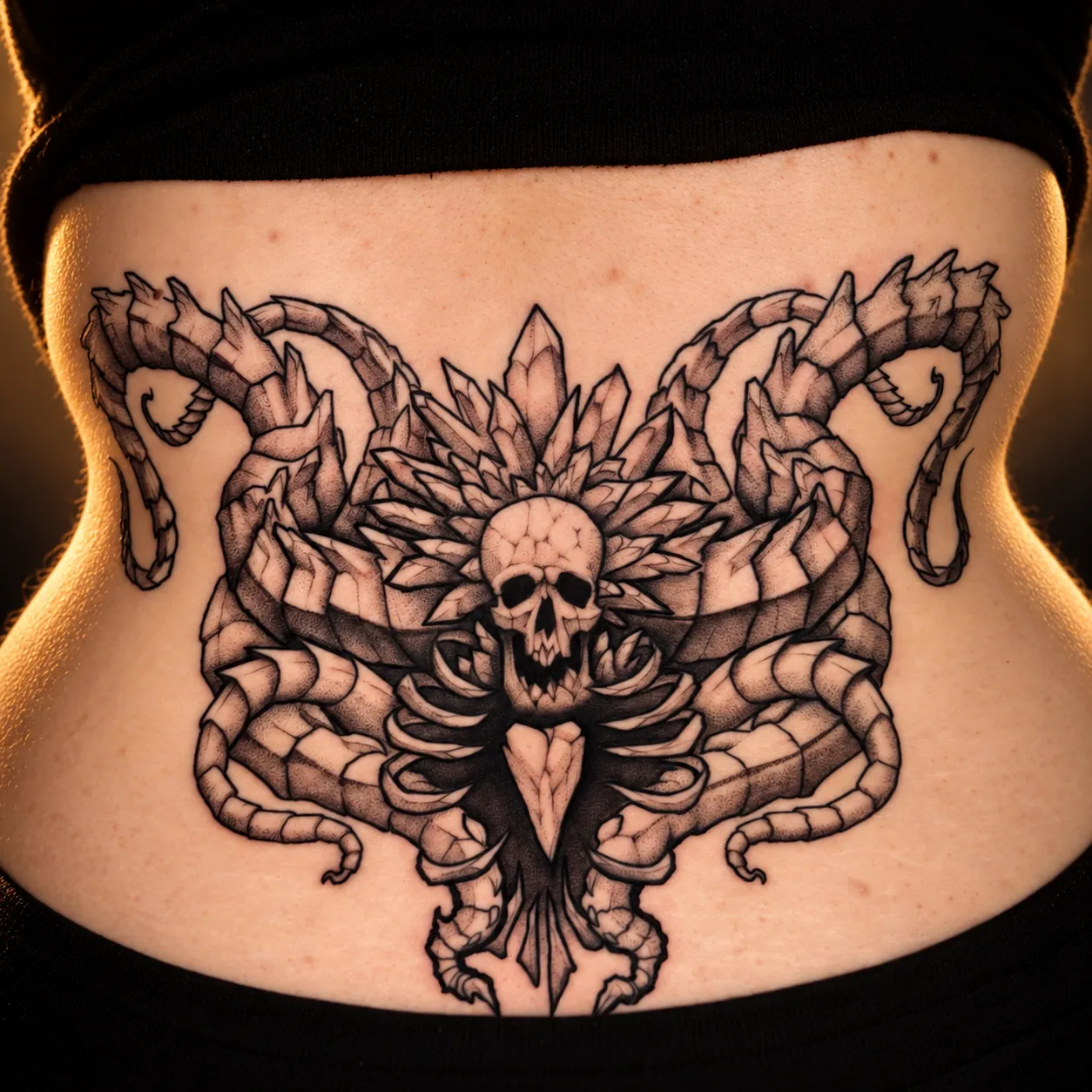 Large black and grey crystal, skull and serpent lower-back tattoo