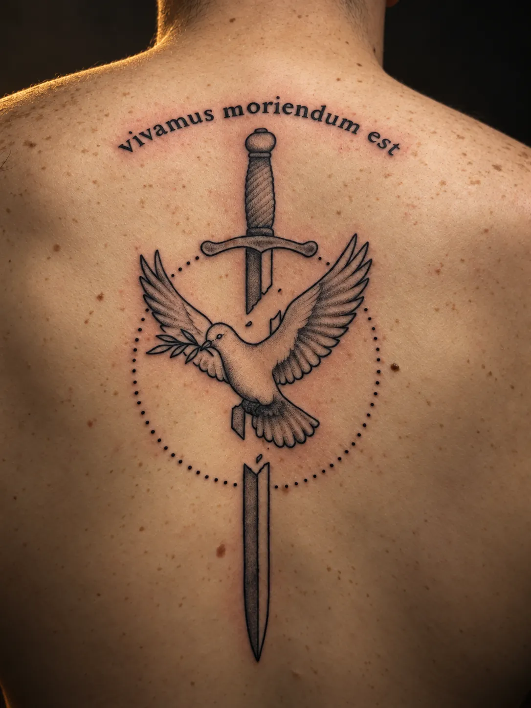 Dove and sword tattoo composition