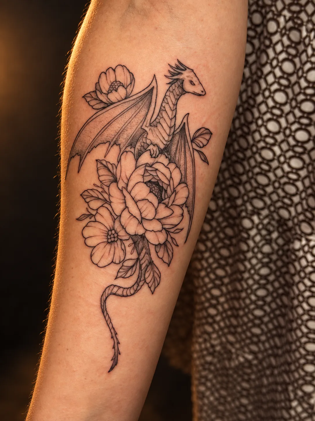 Fine-line dragon and floral tattoo on the forearm