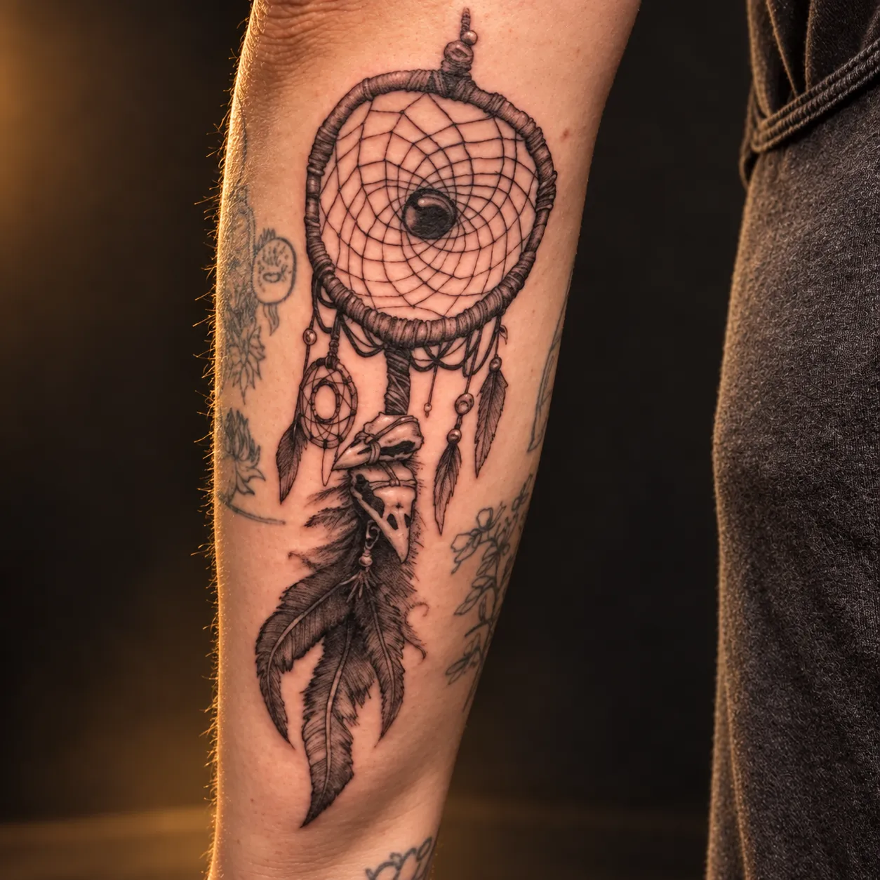 Black and grey dreamcatcher tattoo on the forearm