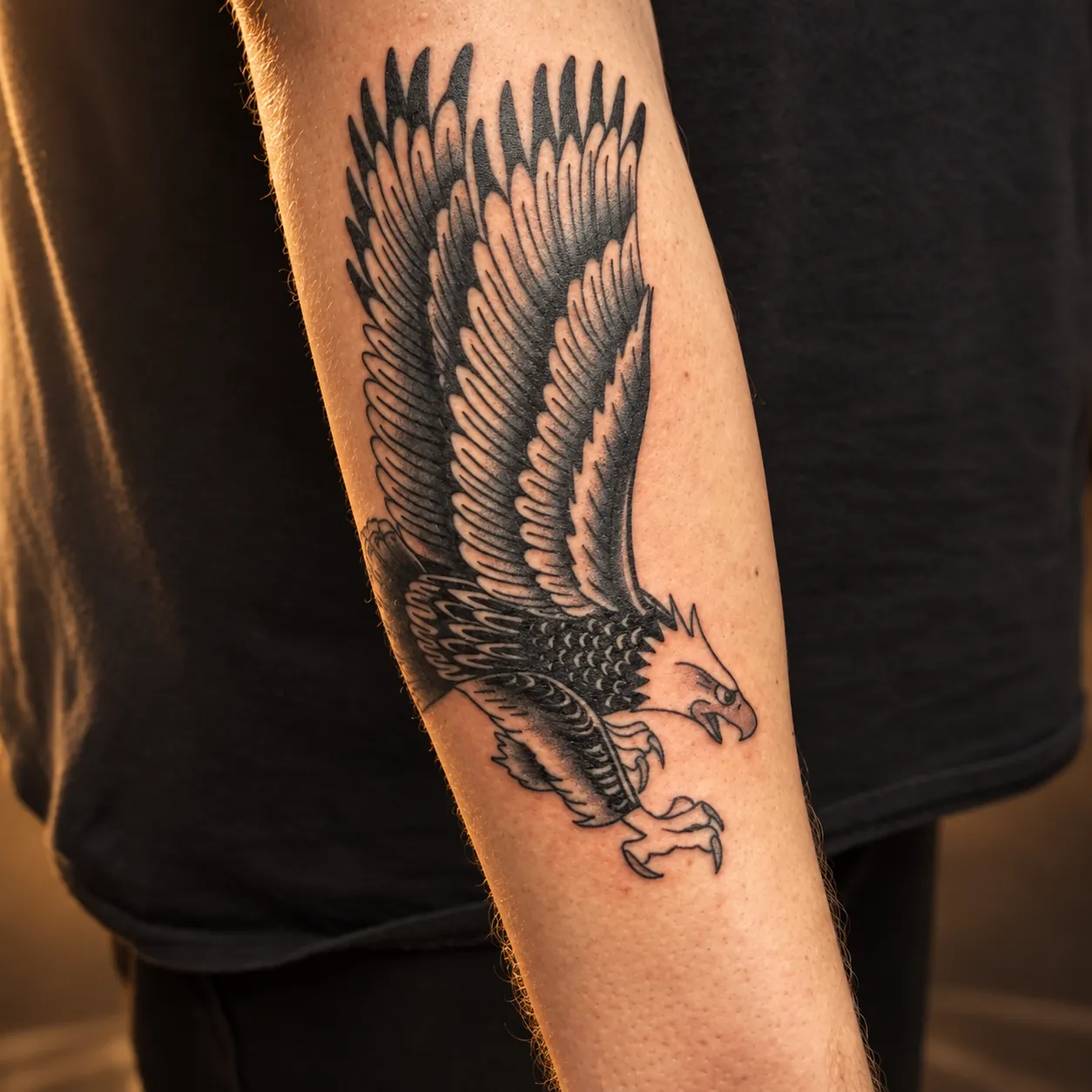 Blackwork eagle tattoo on the forearm