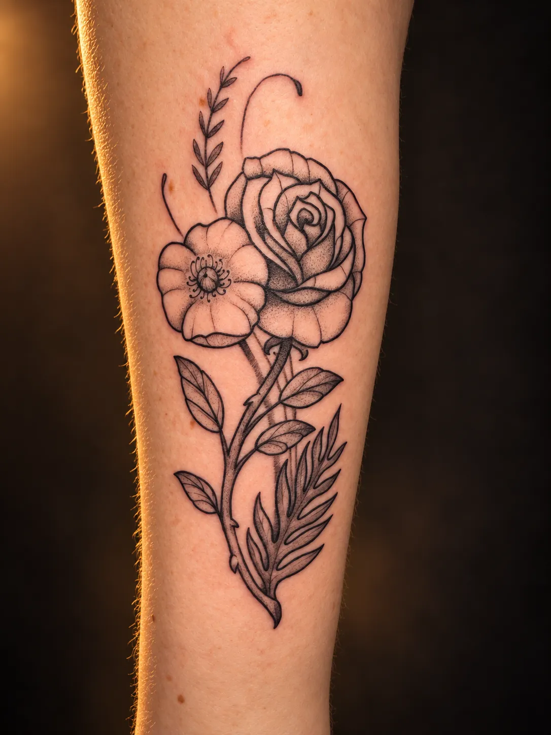 Fine-line rose and botanical tattoo on the forearm