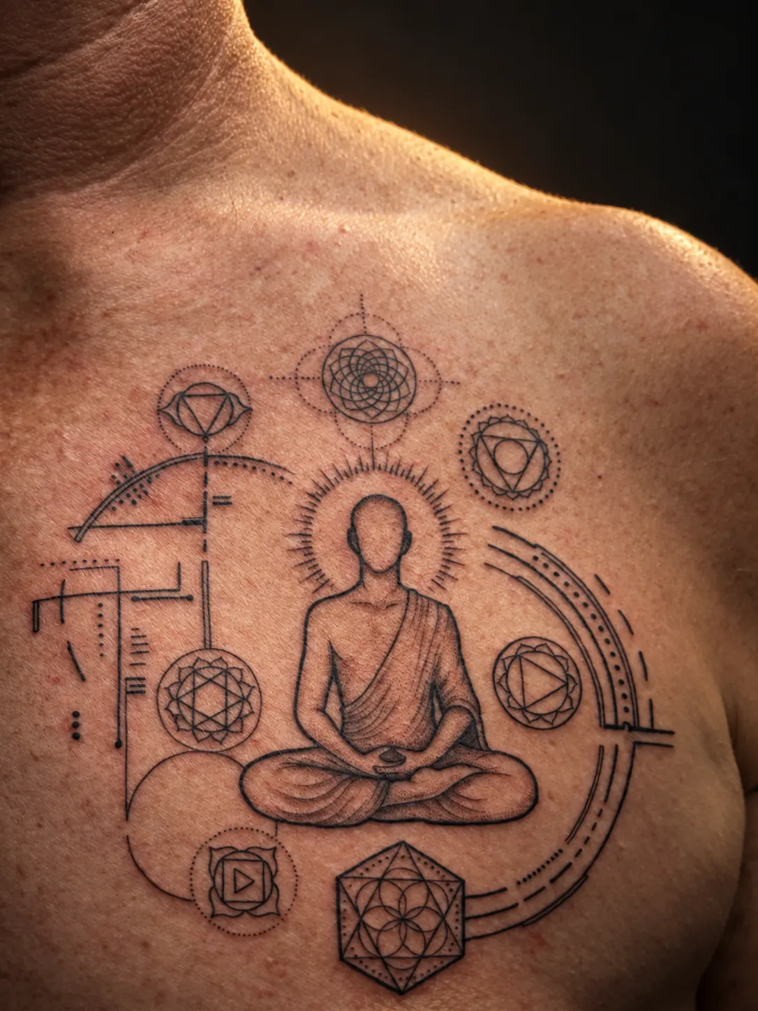 Meditation-inspired chest tattoo