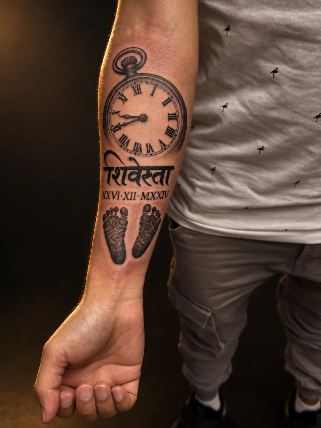 Detailed Nepali-inspired clock tattoo