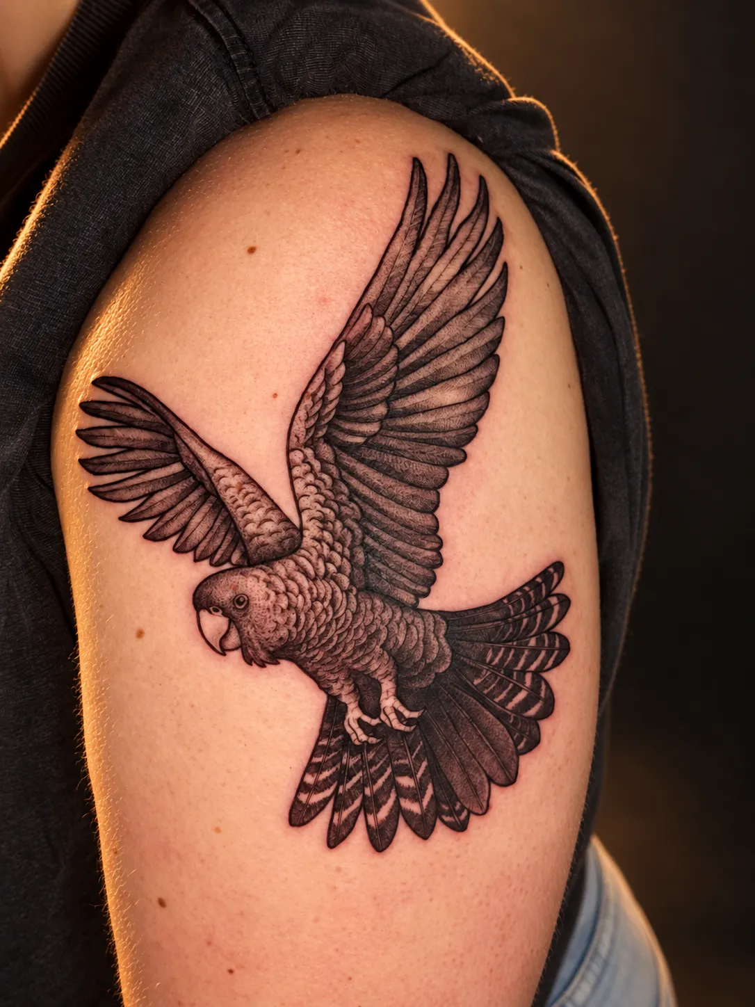Detailed black and grey black cockatoo tattoo on the upper arm