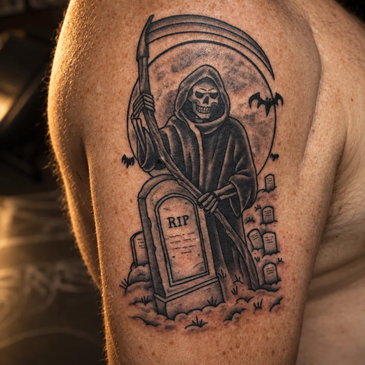 Black and grey grim reaper tattoo