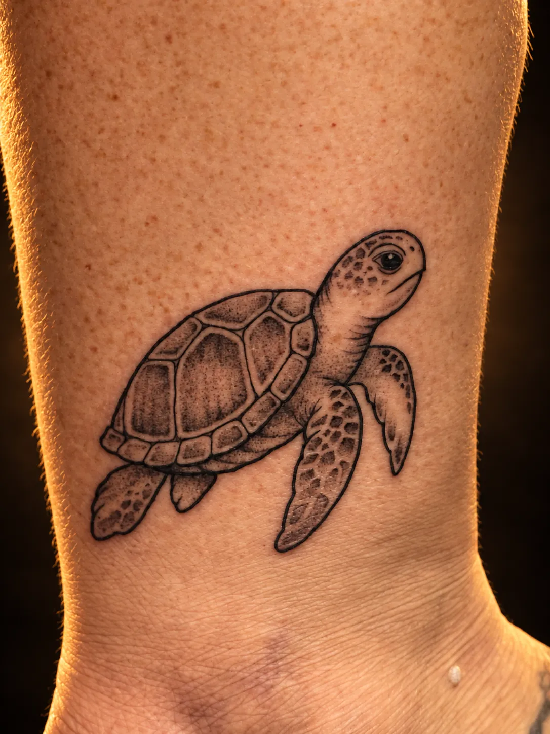 Fine-line sea turtle tattoo near the ankle