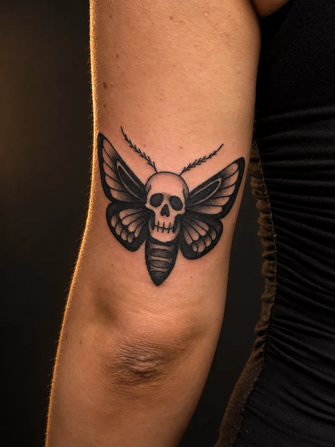 Black and grey skull moth tattoo