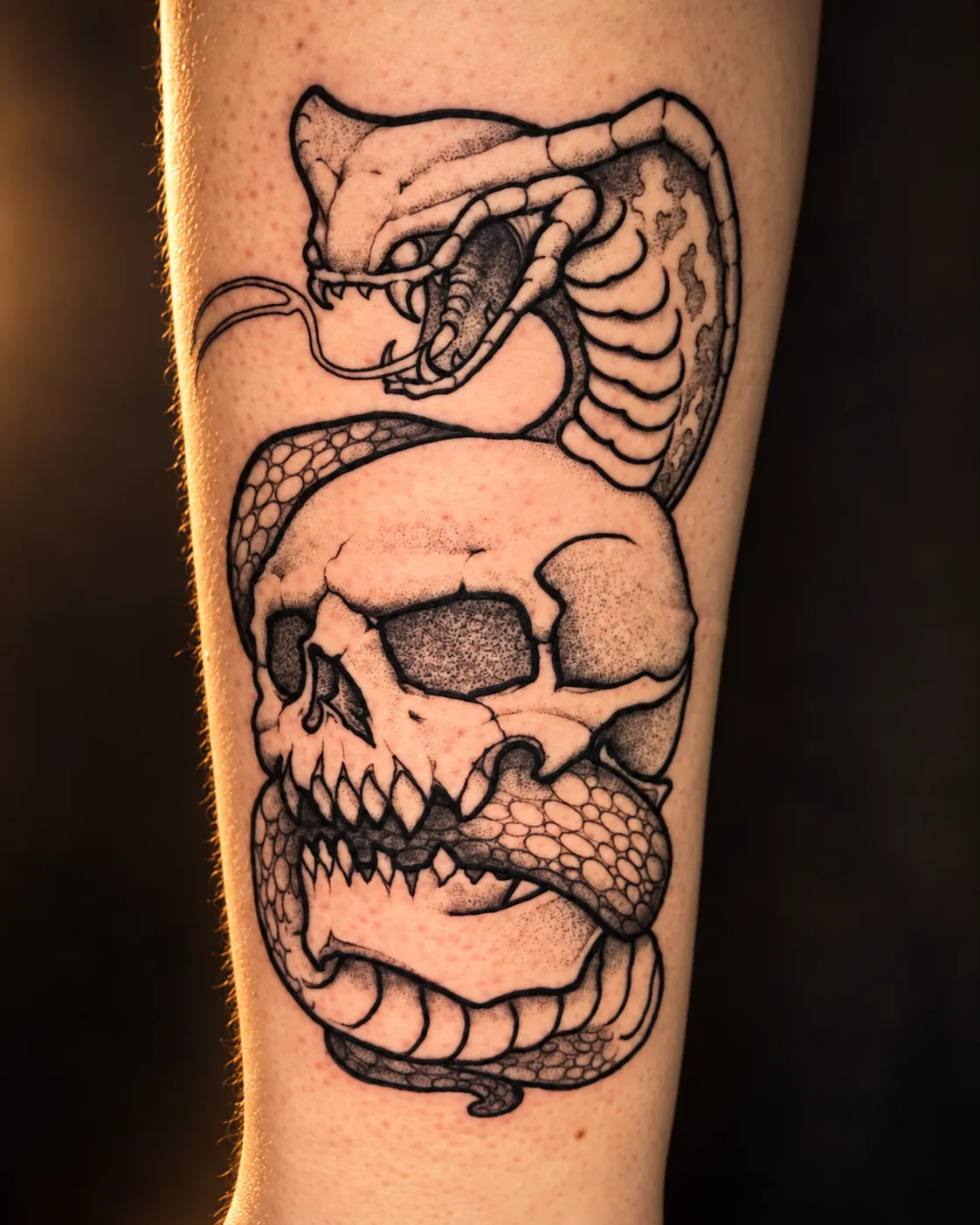 Black and grey snake and skull tattoo on the forearm