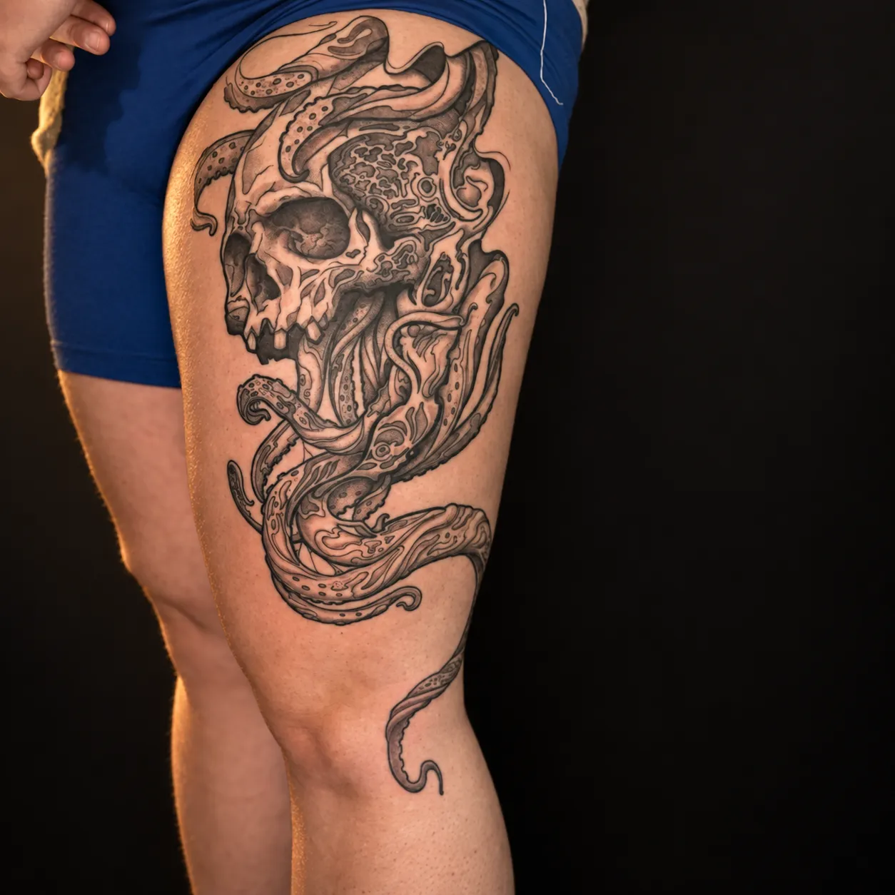Black and grey skull and tentacle tattoo flowing over the thigh