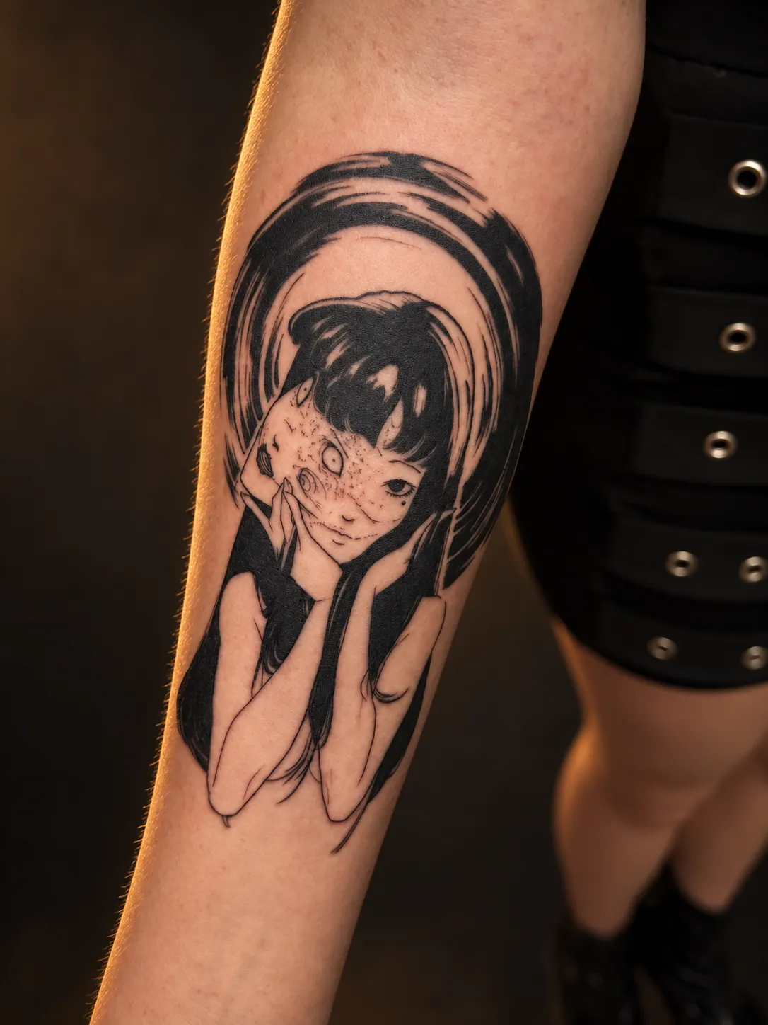 Manga-inspired Tomie tattoo on the forearm