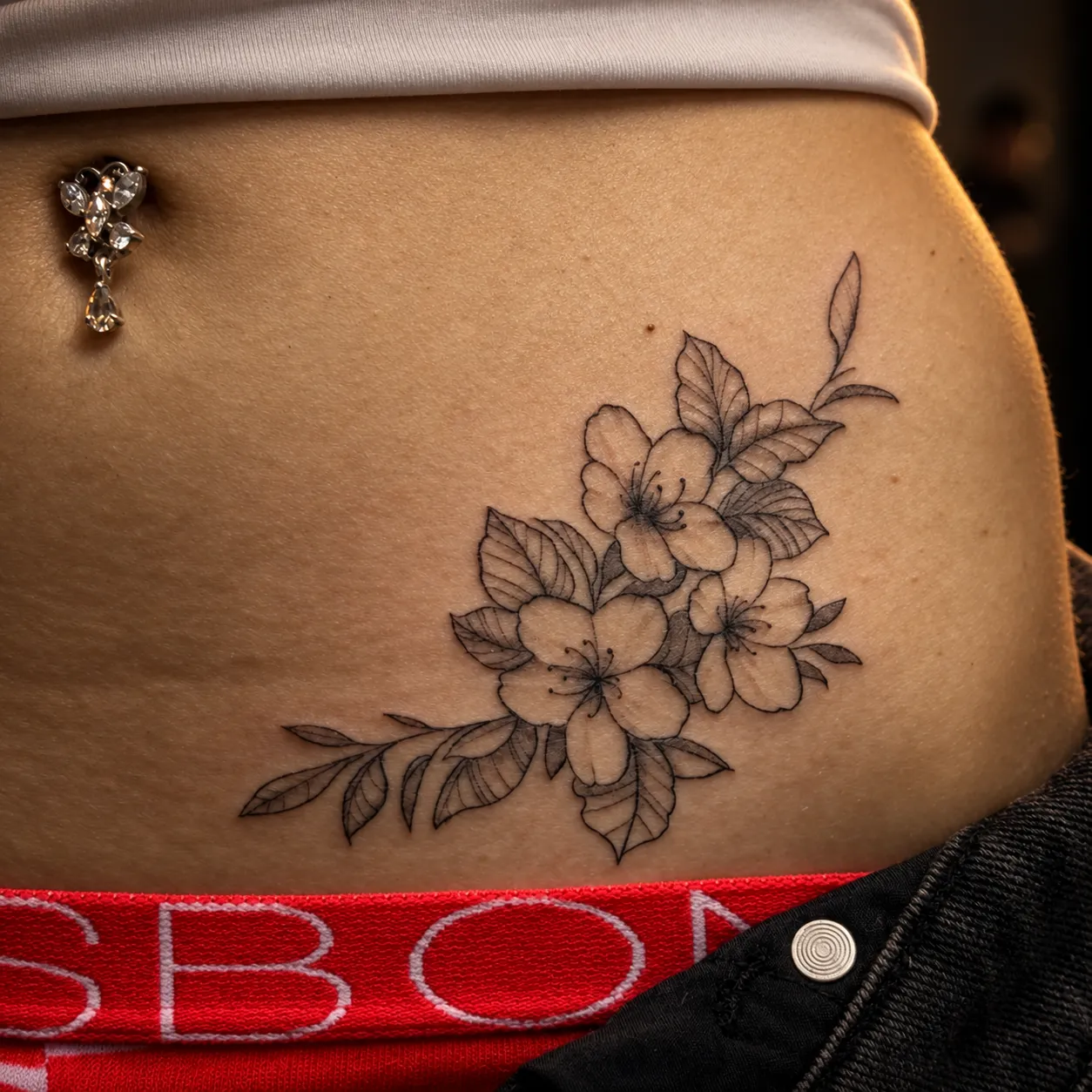 Fine-line floral tattoo shaped to follow the waist